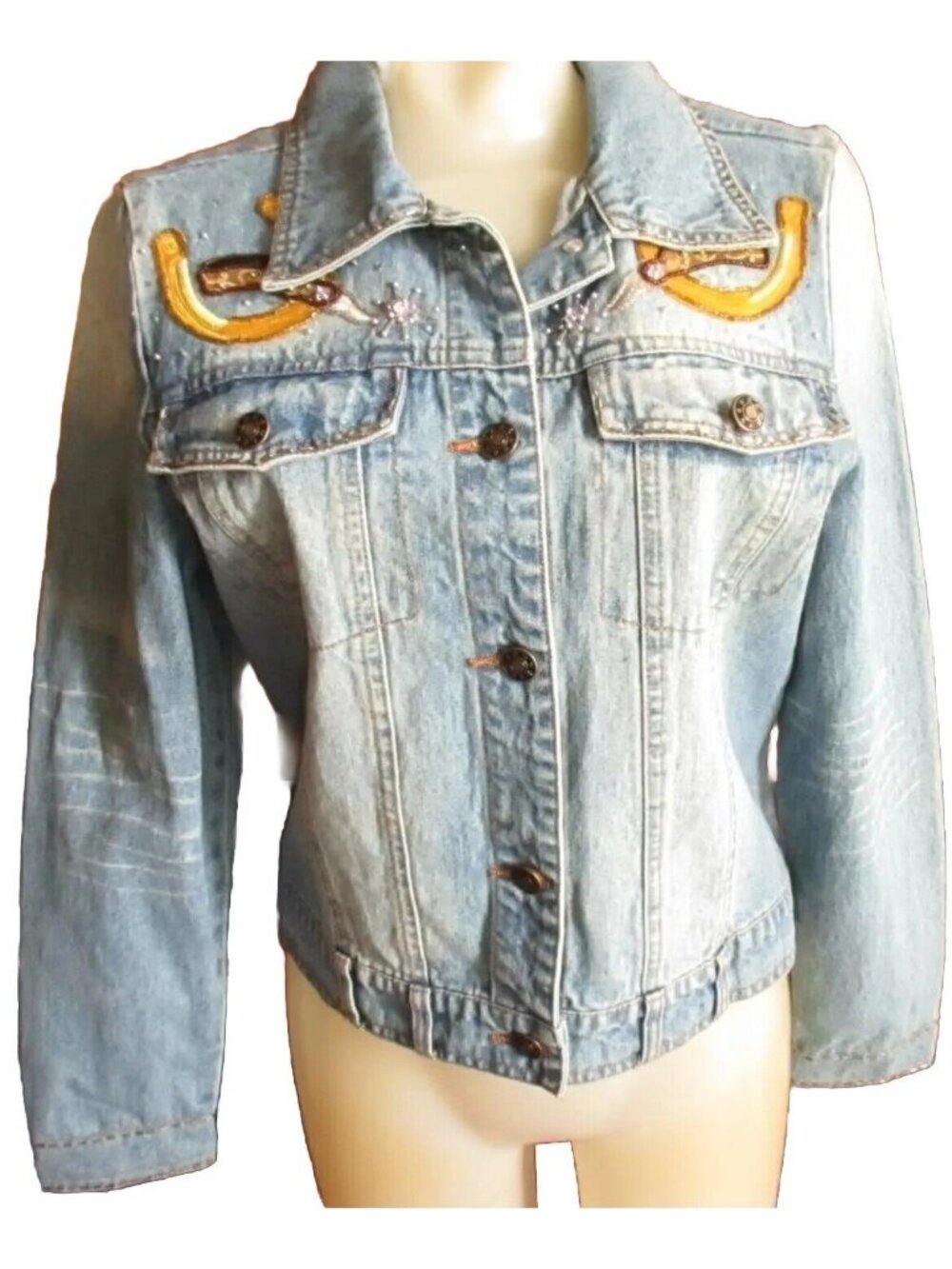 Vintage Fancy Cowgirl Denim Jacket Small 1990's Berek Pearl Glitter Horseshoe